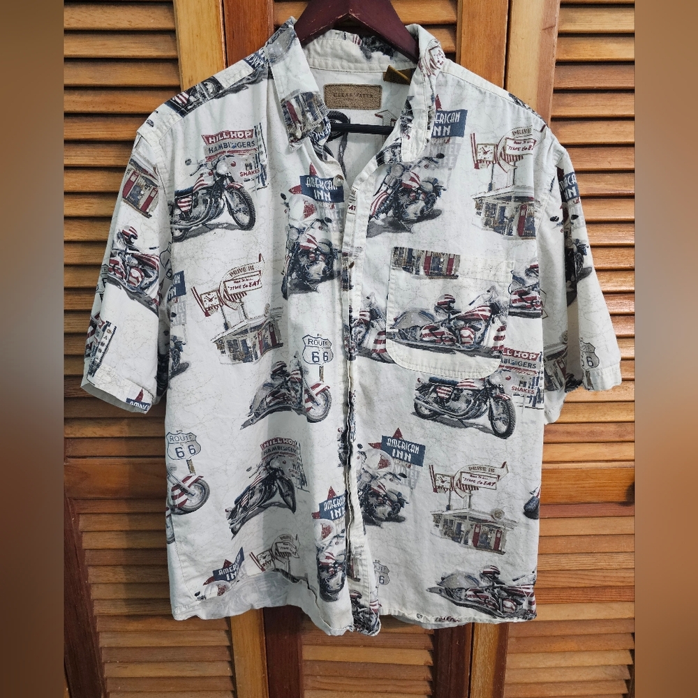 Clearwater Outfitters Hawaiian Shirt Travel/Motorcycle Vibes Size L Bold & Fun